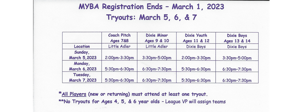 2023 MYBA Tryout Schedule